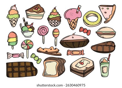 Delightful array of cartoon-style desserts and sweets featuring ice cream, cake, candy, and