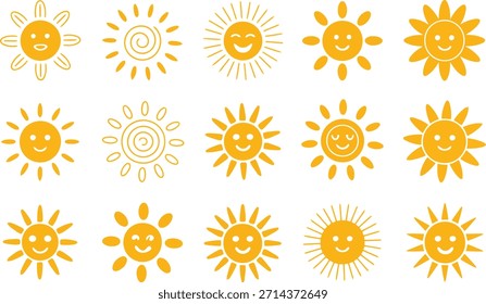 Eine herrliche Auswahl an fröhlichen Sonnensymbolen, jede mit einem fröhlichen Ausdruck und einzigartigem Sunburst-Design, das Wärme und Sommer hervorruft.