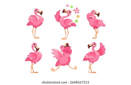 Uma deliciosa gama de Flamingos Rosa-brincalhões retratados em várias posas artísticas e estâncias