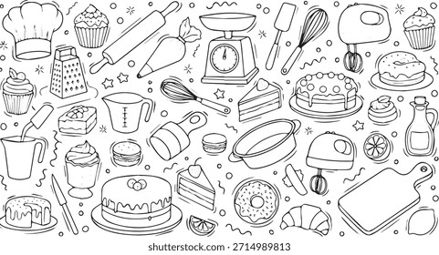 A delightful assortment of baking tools and delicious desserts including cakes cupcakes donuts and croissants