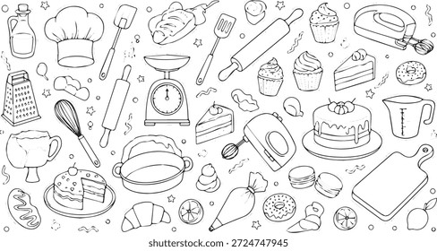 Una deliciosa variedad de herramientas para hornear como batidores, rodillos y escamas, junto con varios dulces como pasteles, cupcakes y croissants.