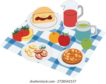 Una deliciosa variedad de artículos de desayuno, incluyendo frutas frescas, pasteles y bebidas dispuestas en un paño a cuadros.
