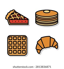 Delightful assortment of breakfast treats featuring cherry pie stackable pancakes square waffles and buttery flakey croissant.