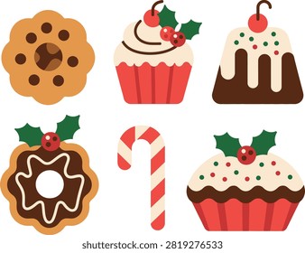 A delightful assortment of Christmas-themed sweets, featuring decorated cookies, frosted cupcakes, and a classic candy cane, evokes a festive holiday spirit.