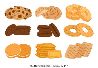 Delightful Assortment Of Cookies, Each A Tiny Masterpiece. Sugar Circles, Chocolate Chips And Gingerbread Flowers Create A Sweet Symphony Of Flavors In This Tempting Set. Cartoon Vector Illustration