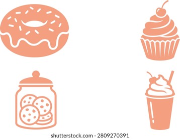 A delightful assortment of desserts featuring a donut, cupcake, jar of cookies, and milkshake