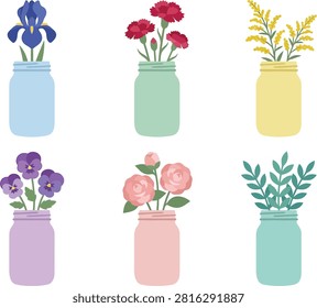 A delightful assortment of fresh spring flowers and vibrant green foliage displayed in a variety of pastel mason jars perfect for charming rustic decor