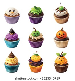 A delightful assortment of Halloween-themed cupcakes, each adorned with enchanting and whimsical decorations such as ghosts, spiders, and playful pumpkins, perfect for adding a magical touch to any Ha