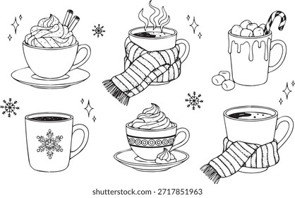Una deliciosa variedad de bebidas de invierno dibujadas a mano, con tazas envueltas en bufandas, rematadas con crema batida, malvaviscos y palitos de canela, perfectas para acogedores temas navideños.