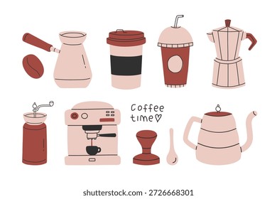 Uma variedade deliciosa de essenciais de café ilustrados, incluindo moedores, cervejeiros, copos e grãos, perfeito para temas de café ou bebidas