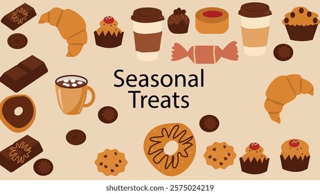 A delightful assortment of seasonal treats including chocolates, coffee, croissants, donuts, and cupcakes. Perfect for indulging during the colder months, this image brings a festive and cozy atmosphe