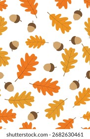 A delightful autumn pattern featuring scattered oak leaves and acorns in vibrant seasonal colors.
