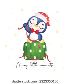 Delightful Baby Penguin Wrapping Christmas Gift Box in Festive Watercolor, Delightful Watercolor Cartoon illustration. Perfect for Cards, Invitations, and Decorations.
