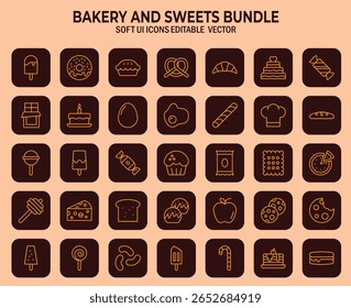 Delightful bakery and sweets icons representing diverse confectionery treats and culinary delights in a stylized