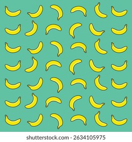 Delightful banana background pattern bursts with tropical charm and summer energy. Bright yellow bananas are playfully scattered across a cool green backdrop, creating a fresh, fun, and vibrant visual