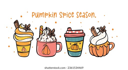 a delightful banner collection of cute pumpkin spice drinks hand drawn cartoon doodles. Perfect for your autumnal design needs.