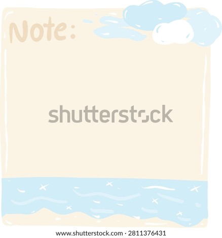A delightful beach themed note page design featuring fluffy clouds above and gentle waves below, perfect for jotting down thoughts or reminders., have space for input text  journal sea and sand mood