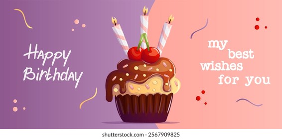 A delightful birthday banner showcasing a whimsical Banana Split cupcake with chocolate frosting, vibrant sprinkles, and glowing candles. Add sweetness to any celebration with this joyful design!