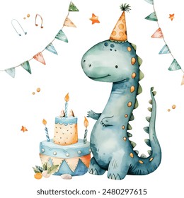 Delightful birthday party with cute dinosaur, colorful decorations, and scrumptious cake