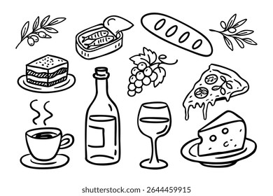 A delightful black outline vector doodle set of Italian kitchen and food items. Includes pizza, pasta, wine, cheese, and more. Ideal for menus, culinary blogs, and cooking themes.