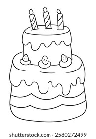 Delightful black and white cake illustration for coloring books. Perfect for kids and adults who love sweet treats! Ideal for printables, digital downloads, and craft projects.