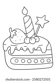 Delightful black and white cake illustration for coloring books. Perfect for kids and adults who love sweet treats! Ideal for printables, digital downloads, and craft projects.