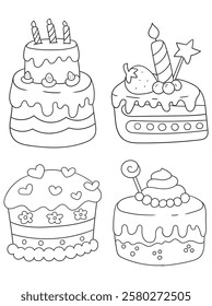 Delightful black and white cake illustration for coloring books. Perfect for kids and adults who love sweet treats! Ideal for printables, digital downloads, and craft projects.