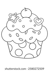 Delightful black and white cake illustration for coloring books. Perfect for kids and adults who love sweet treats! Ideal for printables, digital downloads, and craft projects.