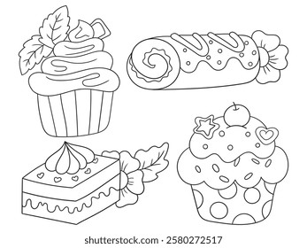 Delightful black and white cake illustration for coloring books. Perfect for kids and adults who love sweet treats! Ideal for printables, digital downloads, and craft projects.