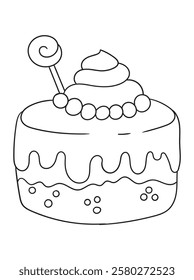 Delightful black and white cake illustration for coloring books. Perfect for kids and adults who love sweet treats! Ideal for printables, digital downloads, and craft projects.