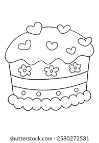 Delightful black and white cake illustration for coloring books. Perfect for kids and adults who love sweet treats! Ideal for printables, digital downloads, and craft projects.