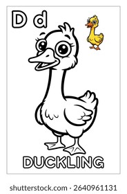 A delightful black and white coloring page features a cute, smiling duckling, perfect for young children learning the letter "D."