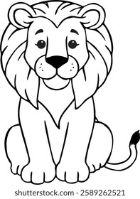 A delightful black and white illustration of a cartoon lion. Great for designs that need a scalable and cute animal graphic.