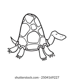 A delightful black and white illustration of a tortoise with a smiling face, walking slowly. Simple design is perfect for educational books, children's activities, or as a fun coloring page for kids.