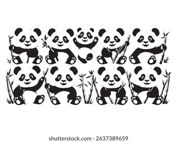 Delightful black and white panda illustrations are ready for your creative projects! This vector file features adorable pandas in various playful poses, holding bamboo sticks.