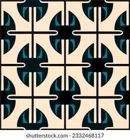 Delightful black and white pattern featuring blue circles, evoking a peppermint inspired motif, blending elements of art nouveau and art deco seamlessly.