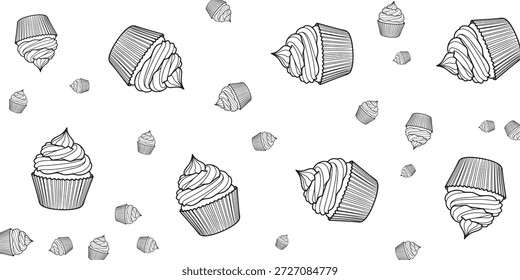 Un delicioso patrón blanco y negro con una variedad de cupcakes esparcidos sobre un fondo blanco. Los cupcakes están ilustrados con líneas finas, mostrando su escarcha arremolinada y forros de papel estriados. Algunos están en posición vertical, mientras que otros están inclinados, creando una composición dinámica y lúdica. Este diseño evoca una sensación de dulzura y celebración, perfecto para una variedad de proyectos creativos.