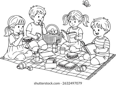 A delightful black and white vector illustration for a coloring book, depicting four happy children enjoying a picnic outdoors