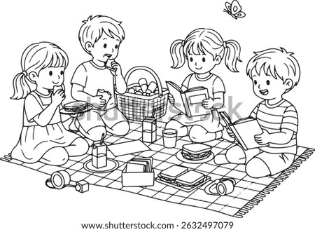 A delightful black and white vector illustration for a coloring book, depicting four happy children enjoying a picnic outdoors