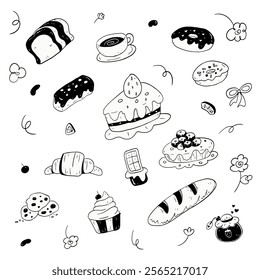 A delightful black-and-white bakery-themed doodle set featuring cakes, donuts, croissants, cupcakes, cookies, bread, and more sweet treats. 