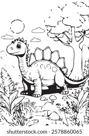 Delightful black-and-white coloring page of a smiling cartoon Stegosaurus dinosaur in a lush prehistoric forest setting with trees, plants, and a sunny sky.