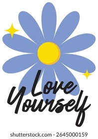 A delightful blue daisy illustration with handwritten text "Love Yourself." This cheerful and positive vector sticker is perfect for promoting self-care and spreading kindness.