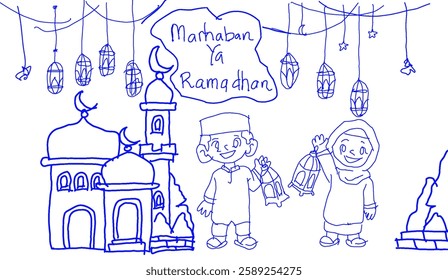 Delightful blue sketch celebrating the spirit of Ramadan with happy children, mosque, and lanterns, conveying a sense of joyous anticipation and cultural tradition