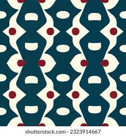 Delightful blue and white pattern features charming red dots, creating repeating fabric design imbued with peppermint motif and hints of aizome inspiration.