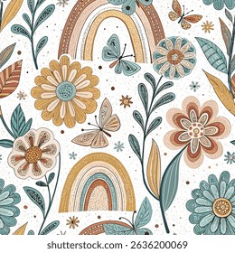 A delightful boho-style seamless pattern showcases colorful flowers, butterflies, and rainbows intertwined with lush foliage, all set against a textured white background. 