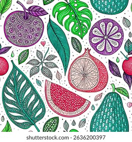Delightful botanical seamless pattern showcasing a cheerful arrangement of vibrant fruits and lush foliage. This charming design features a variety of tropical delights.