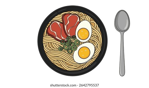 Delightful Bowl Of Ramen Noodles Delicious Pork Eggs and Garnished Seaweed With Spoon