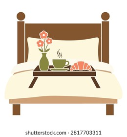 A delightful breakfast in bed scene featuring a steaming cup of coffee, a fresh croissant, and a vase of flowers on a tray, all set on a comfortable bed.