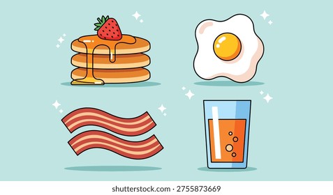A delightful breakfast collection featuring fluffy pancakes with syrup and strawberry, a sunny-side-up egg, crispy bacon strips, and a refreshing glass of orange juice, perfect for morning meals.