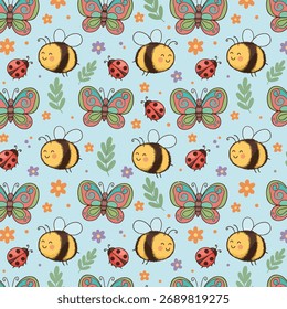 A delightful and busy seamless pattern featuring cute bees, butterflies, and ladybugs in a garden setting. The charming insect characters and soft blue background create a playful and whimsical nature